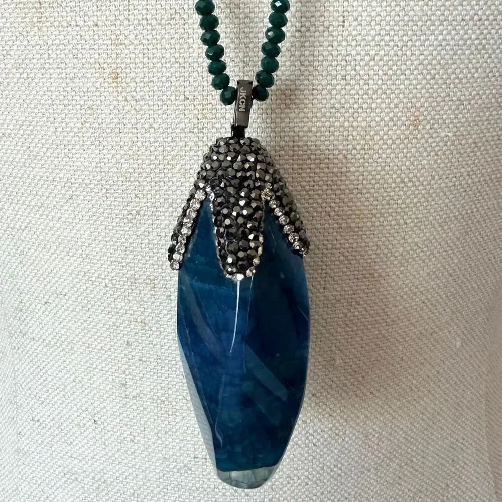 JK CN Blue Agate Crystal Point Statement Necklace with Pave Rhinestone Cap